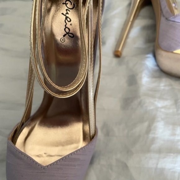 Qupid Canvas Sexy Peep Toe Killer Heels in Lavender gold Platform Size 7 1/2 - Picture 12 of 16